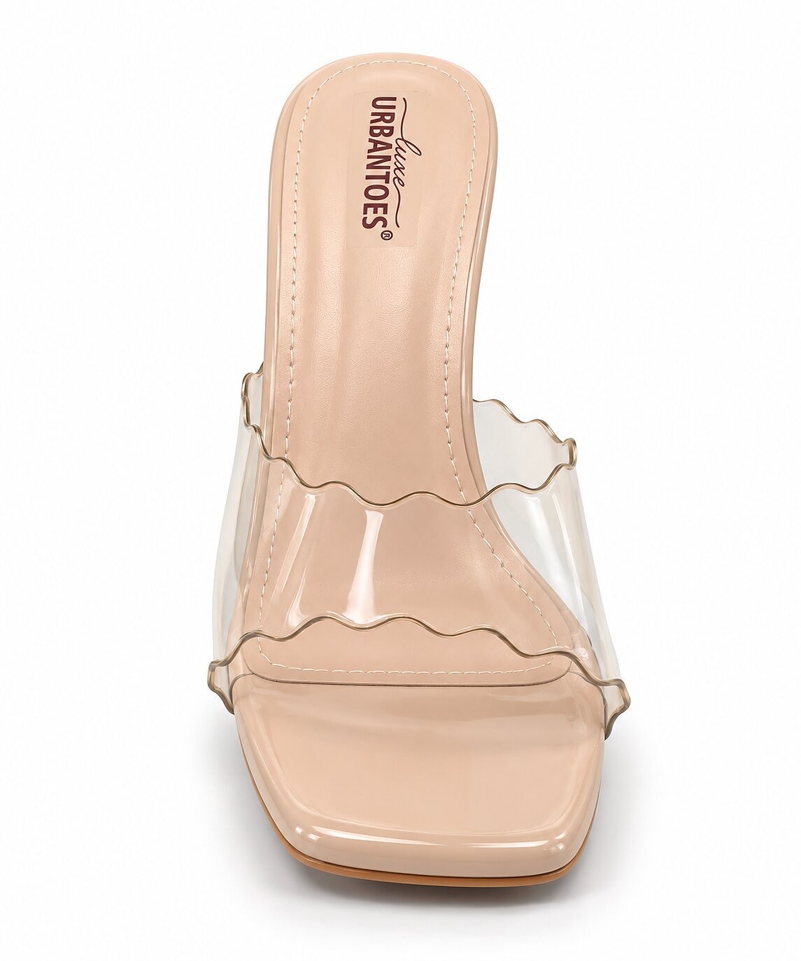 Women Nude Transparent Mule Heels with Gold Sculptural Heel - Image 5