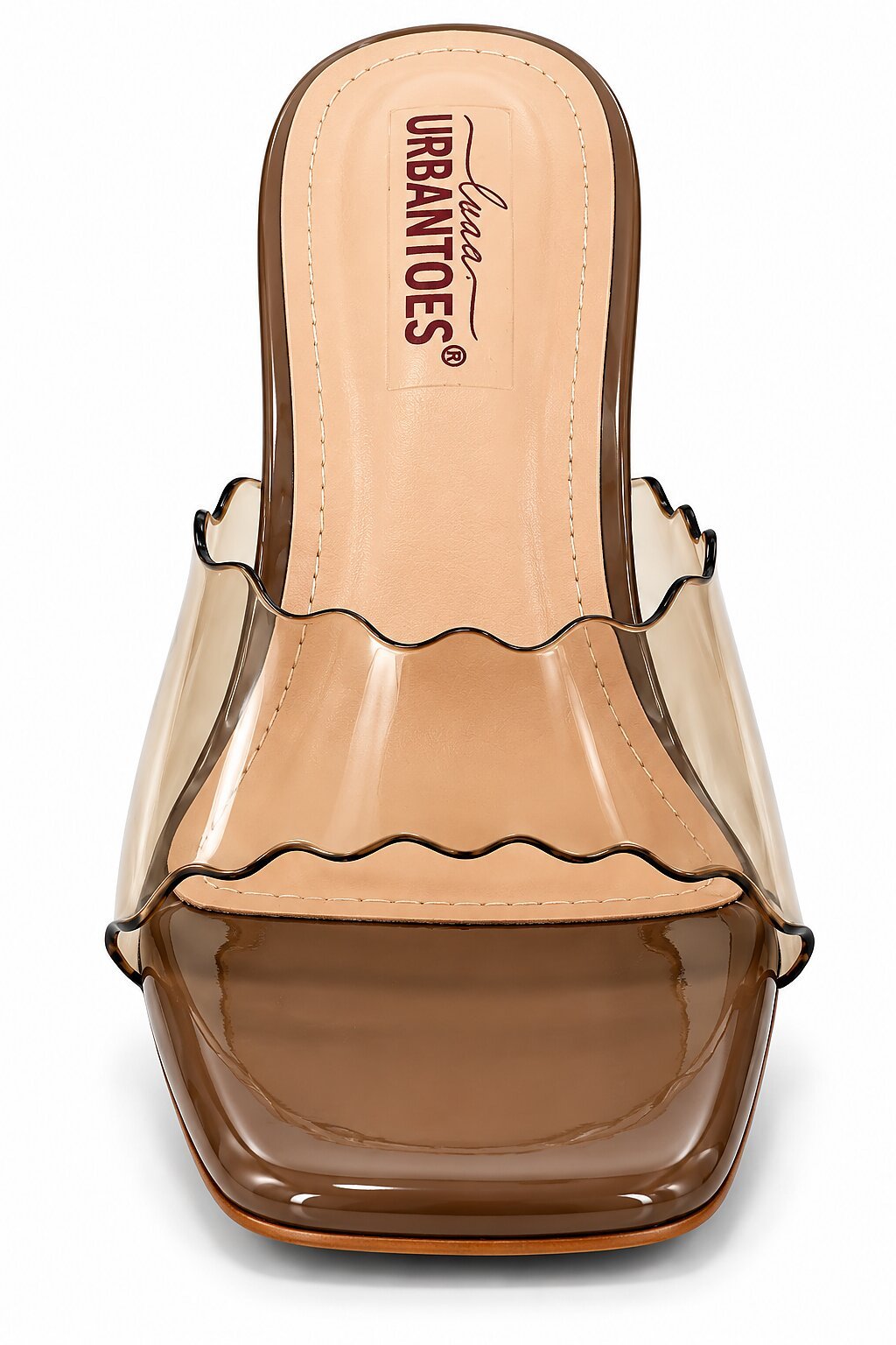 Women Brown Transparent Mule Heels with Gold Sculptural Heel - Image 3