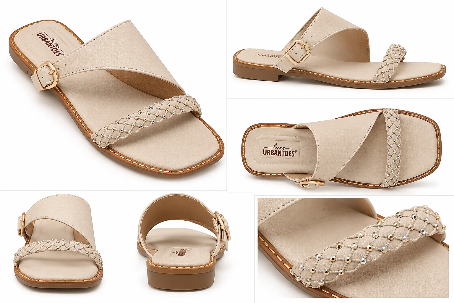 Cream Flat Sandals for Women with Braided Beaded Strap & Buckle - Image 6