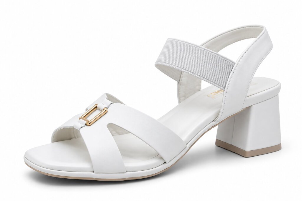 Women White Block Heels with Gold Buckle Detail