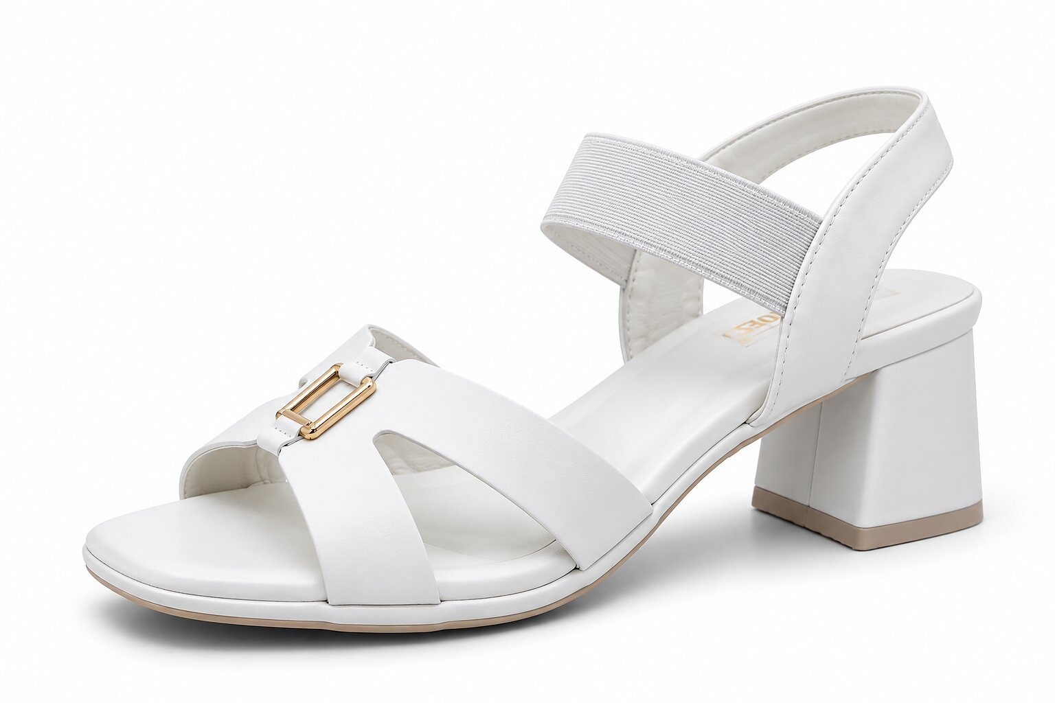 Women White Block Heels with Gold Buckle Detail - Image 4