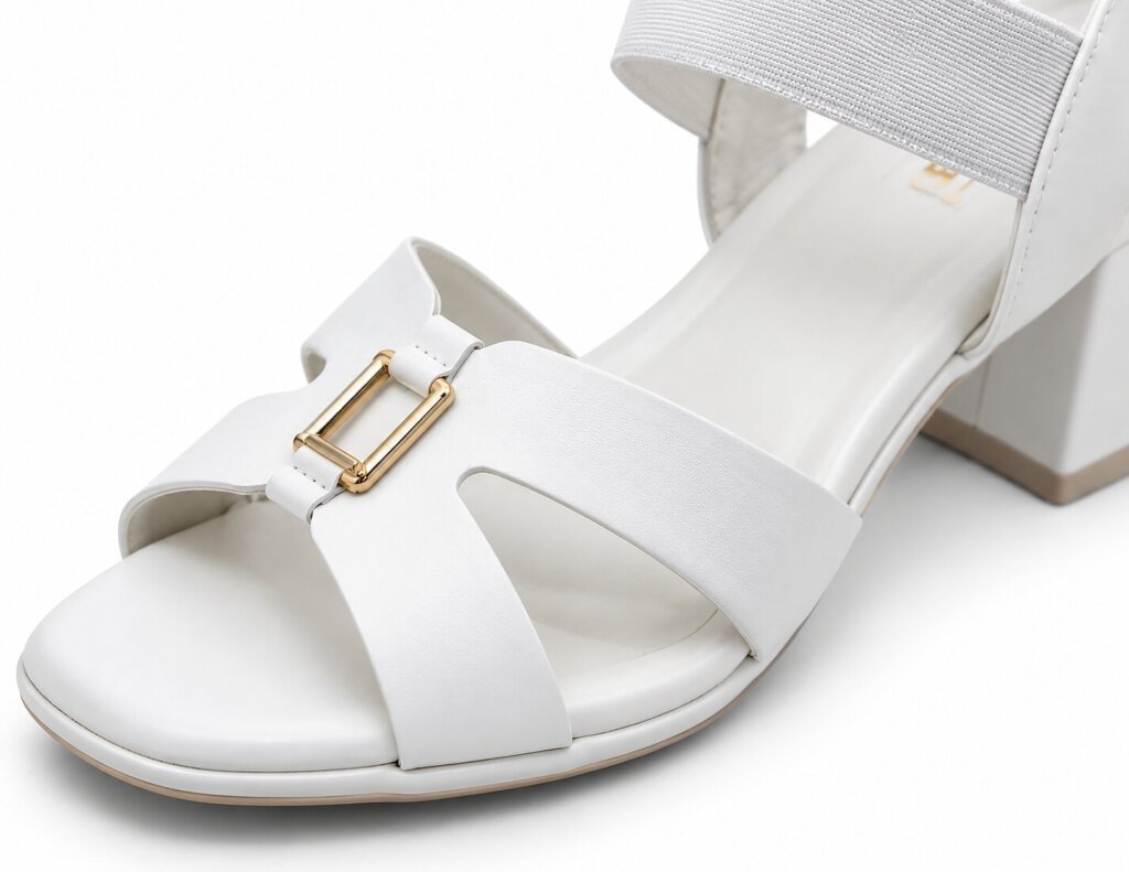 Women White Block Heels with Gold Buckle Detail