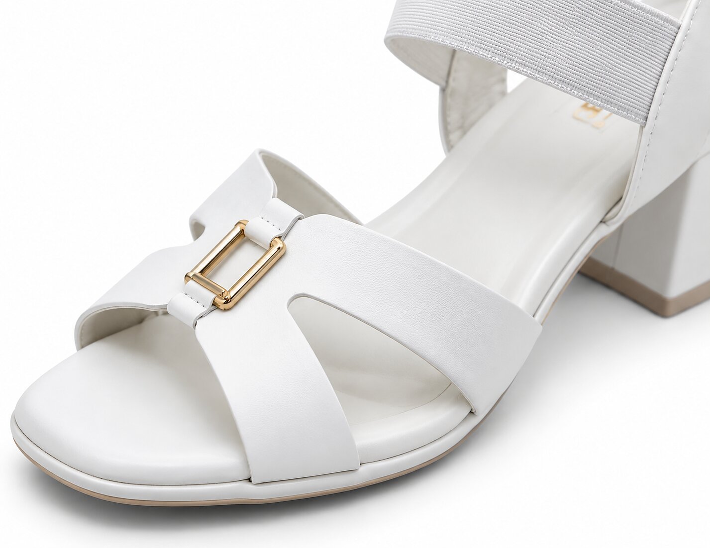 Women White Block Heels with Gold Buckle Detail - Image 3